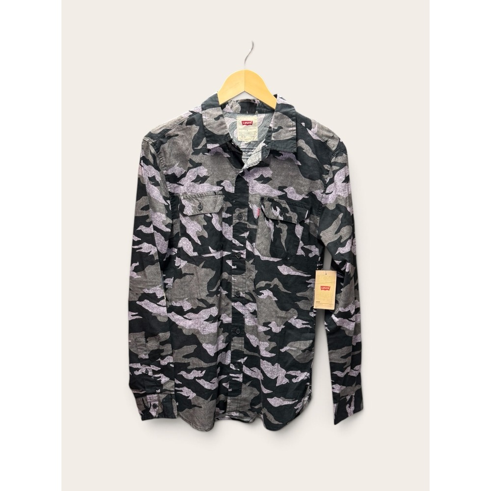 Levis Mens Camo Print Button Up Shirt Grey Black Long Sleeve 100% Cotton S